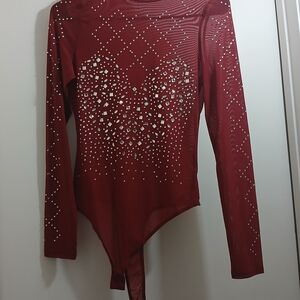Rhinestone-Embellished Red Long-Sleeve Bodysuit - Women Tops